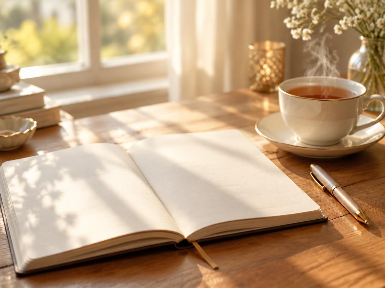 An open journal and a cup of tea in warm morning light